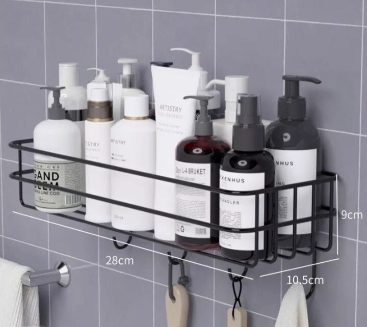 Wall-Mounted Black Metal Bathroom Shelf With Hooks