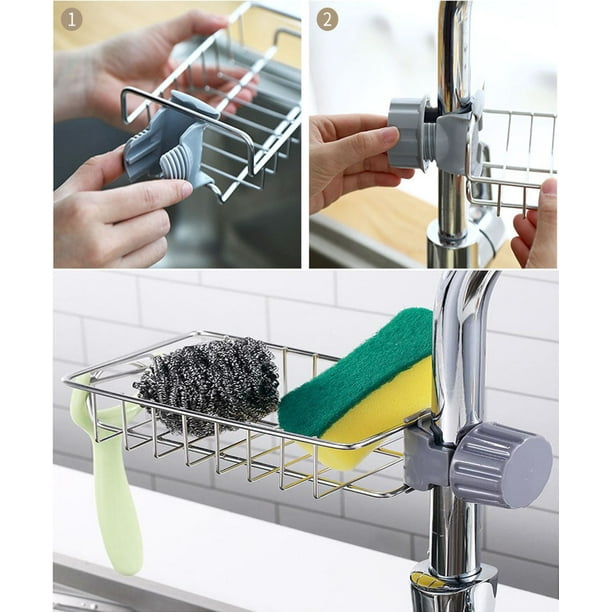 2 in 1 Sponge Holder for Kitchen Sink, Sink Area Saving Faucet Rack Stainless Steel Sink Caddy, Dish Rag Hanging