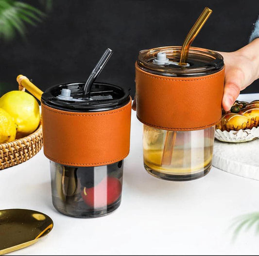 400ML Coffee Cup Creative High-Value Portable Glass Coffee Cup With Straw and Lid Iced Tea Cup Thicken Wall Insulated Glass Cup with Protect Sleeve