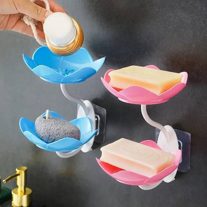 Wall- Mounted Drain Soap Box Double Layer with Lotus Flower Shaped Soap Tray Easy Removable Soap Dish
