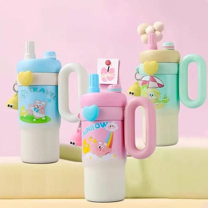 Cute Kawaii Insulated Tumbler Sipper 850ml With Handle & Straw Leakproof & Stainless Steel