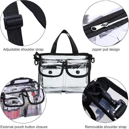 Premium Clear Makeup Organizer PVC Toiletry Bag Transparent Cosmetic Bag For Women Sturdy Zipper & 7 External Pockets For Toiletries & Cosmetics Adjustable Shoulder Strap