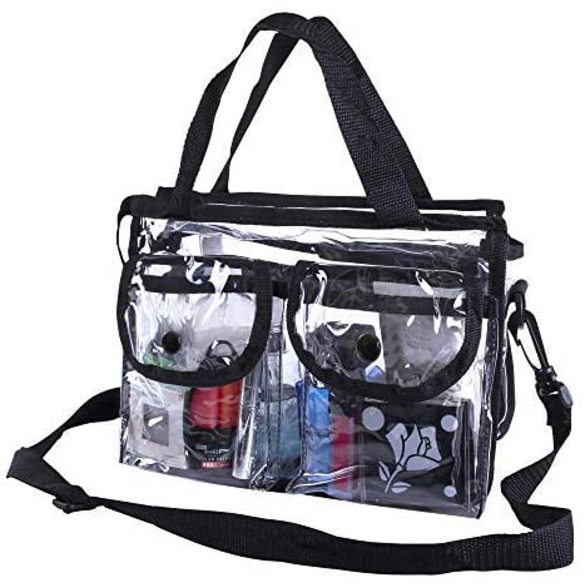 Premium Clear Makeup Organizer PVC Toiletry Bag Transparent Cosmetic Bag For Women Sturdy Zipper & 7 External Pockets For Toiletries & Cosmetics Adjustable Shoulder Strap