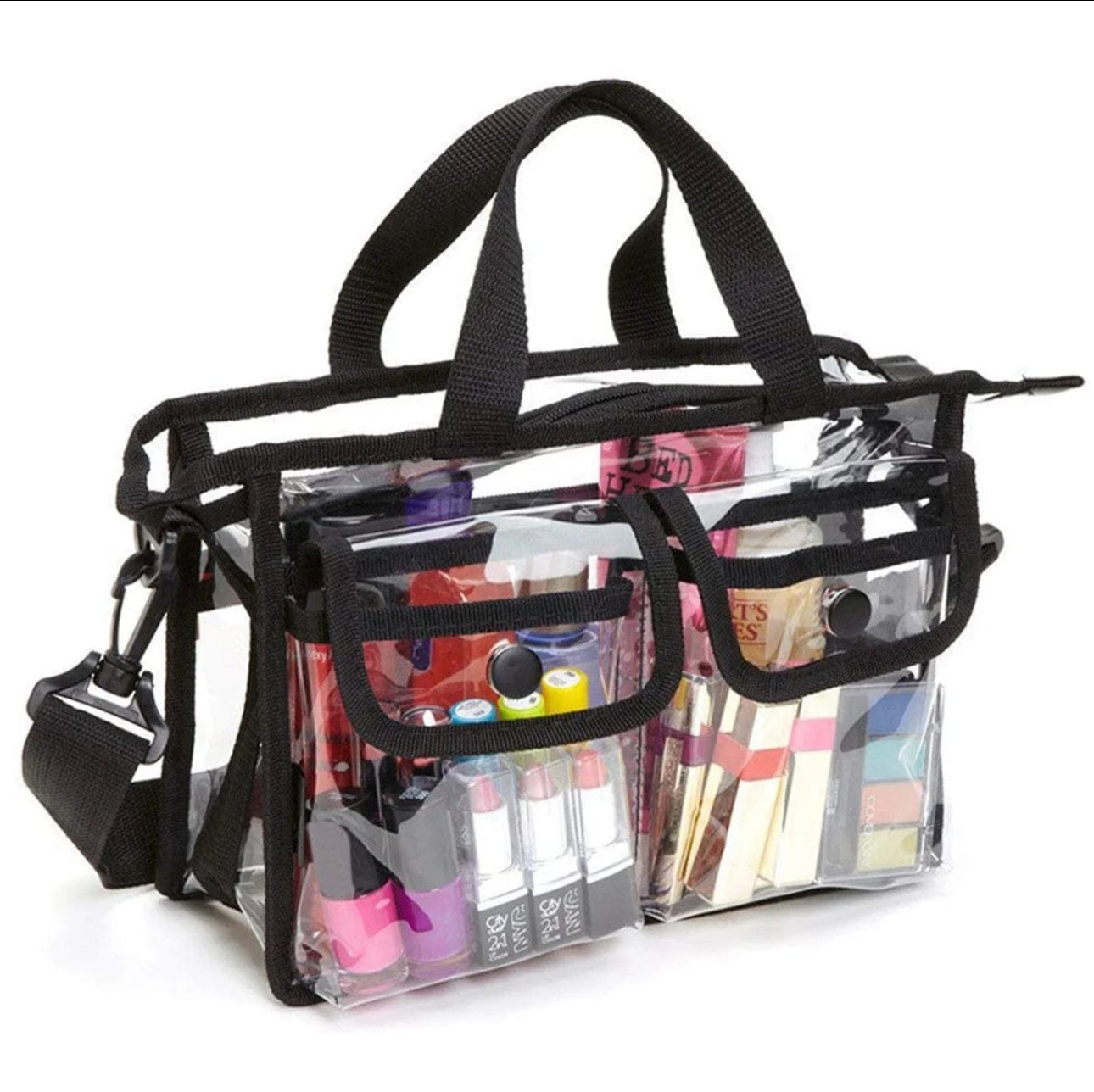 Premium Clear Makeup Organizer PVC Toiletry Bag Transparent Cosmetic Bag For Women Sturdy Zipper & 7 External Pockets For Toiletries & Cosmetics Adjustable Shoulder Strap