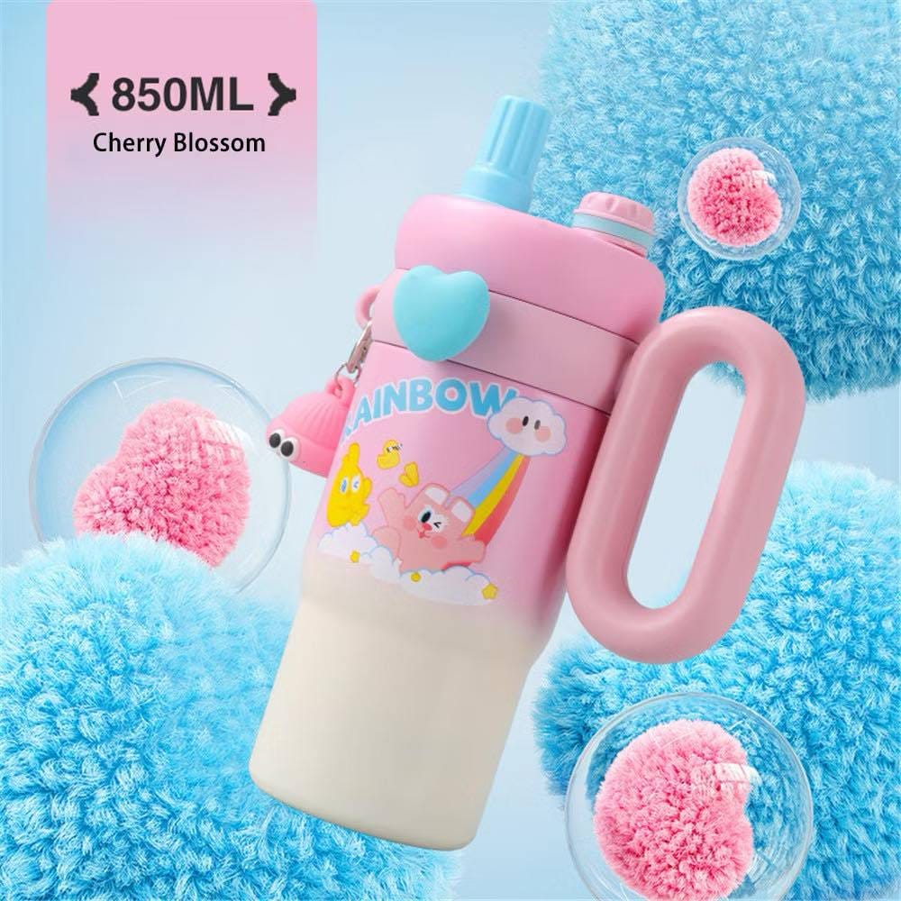 Cute Kawaii Insulated Tumbler Sipper 850ml With Handle & Straw Leakproof & Stainless Steel