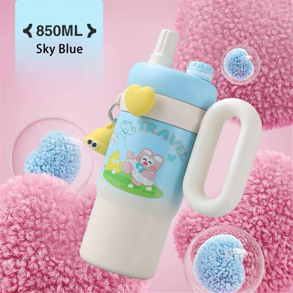 Cute Kawaii Insulated Tumbler Sipper 850ml With Handle & Straw Leakproof & Stainless Steel
