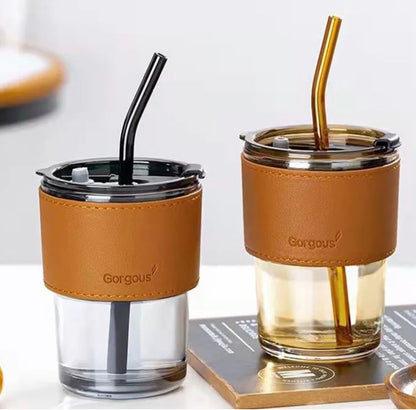 400ML Coffee Cup Creative High-Value Portable Glass Coffee Cup With Straw and Lid Iced Tea Cup Thicken Wall Insulated Glass Cup with Protect Sleeve