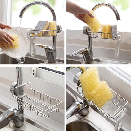 2 in 1 Sponge Holder for Kitchen Sink, Sink Area Saving Faucet Rack Stainless Steel Sink Caddy, Dish Rag Hanging