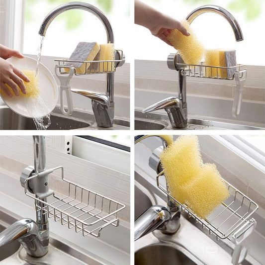 2 in 1 Sponge Holder for Kitchen Sink, Sink Area Saving Faucet Rack Stainless Steel Sink Caddy, Dish Rag Hanging