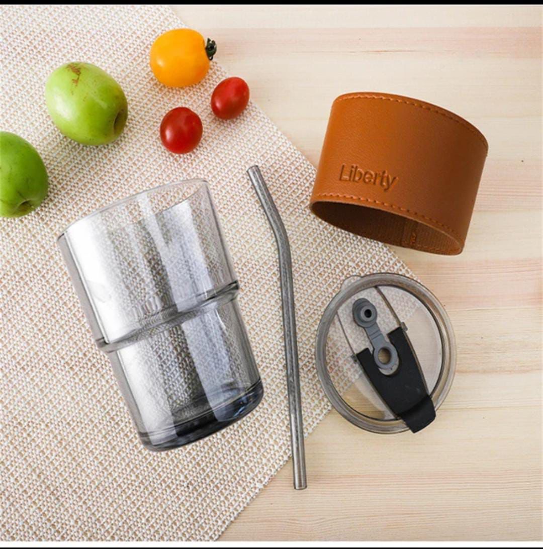 400ML Coffee Cup Creative High-Value Portable Glass Coffee Cup With Straw and Lid Iced Tea Cup Thicken Wall Insulated Glass Cup with Protect Sleeve