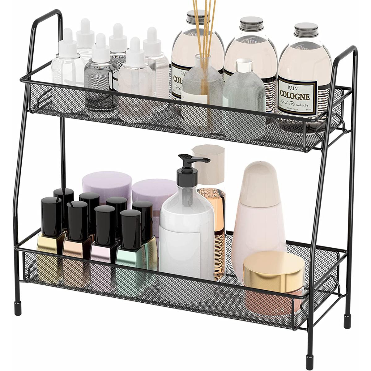 Spice Rack Organizer for Countertop, 2 Tier Bathroom Shelf, Desktop Makeup Organizer, Small Storage Rack for Kitchen, Bath Room, Bedroom and Office
