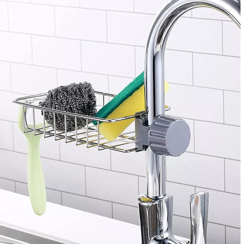 2 in 1 Sponge Holder for Kitchen Sink, Sink Area Saving Faucet Rack Stainless Steel Sink Caddy, Dish Rag Hanging