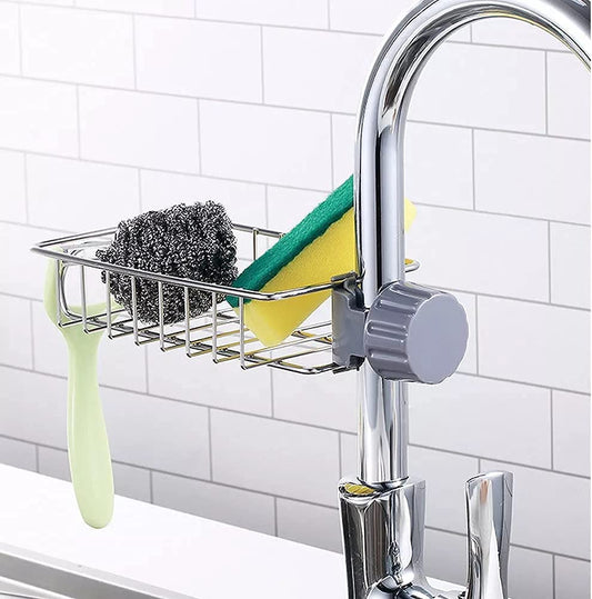 2 in 1 Sponge Holder for Kitchen Sink, Sink Area Saving Faucet Rack Stainless Steel Sink Caddy, Dish Rag Hanging