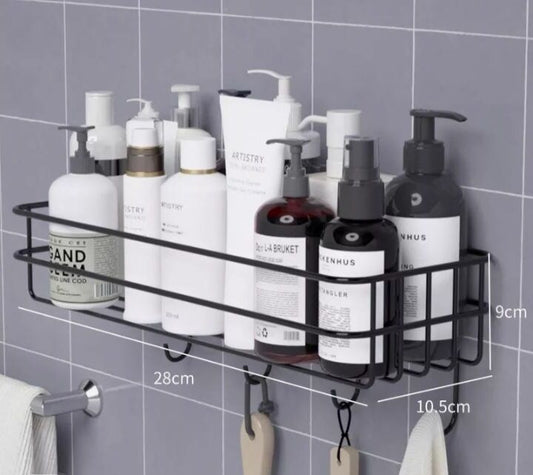 Wall-Mounted Black Metal Bathroom Shelf With Hooks