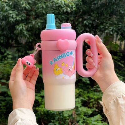 Cute Kawaii Insulated Tumbler Sipper 850ml With Handle & Straw Leakproof & Stainless Steel