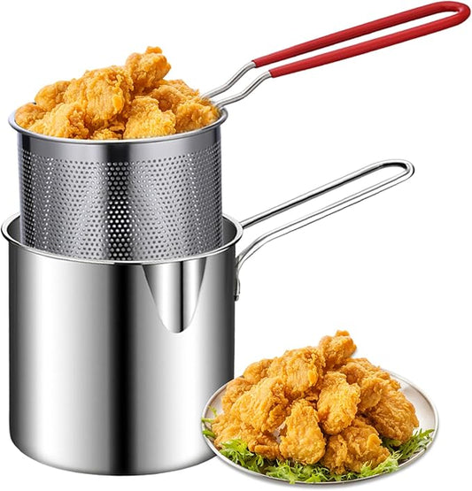 Deep Fryer Pot, Small Deep Fryer Stainless Steel Frying Pot with basket, 1200ml Handled Stainless Steel Chip Pan for French Fries, Chicken Wings and Shrimp