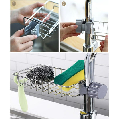 2 in 1 Sponge Holder for Kitchen Sink, Sink Area Saving Faucet Rack Stainless Steel Sink Caddy, Dish Rag Hanging